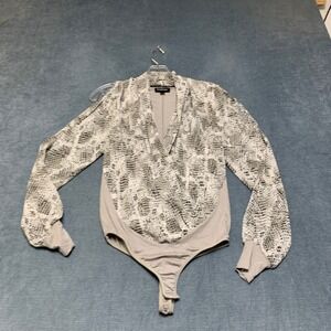 Bebe Kara Faux Suede Bodysuit Womens S Black White Snake Print Wrap Long Sleeve